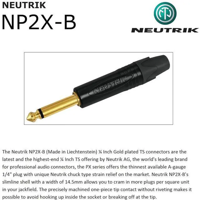 Alt view image 5 of 5 - 12 Foot - WBC-PRO-Guitar 20 AWG - Low-Cap (18pF/ft) Pro-Grade Graphite-Based - Dual-Shielded Guitar Bass Instrument Cable w/Neutrik Straight (SilentPLUG) Inch (6.35mm) Gold TS Plugs