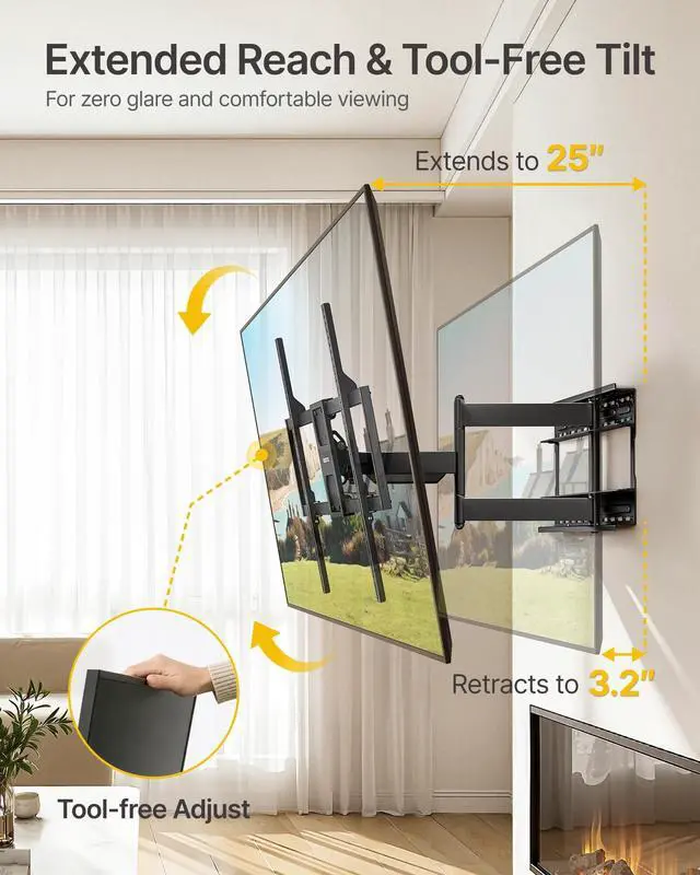 Alt view image 3 of 5 - monTEK Heavy Duty TV Wall Mount for 50100 inch XL TVs up to 176 lbs, 4X Load Tested, 25 Long Articulating Arm, Max VESA 800x600, +5/-15 Tilt&90 Swivel&5 Leveling, Preassembled, 1624 Studs