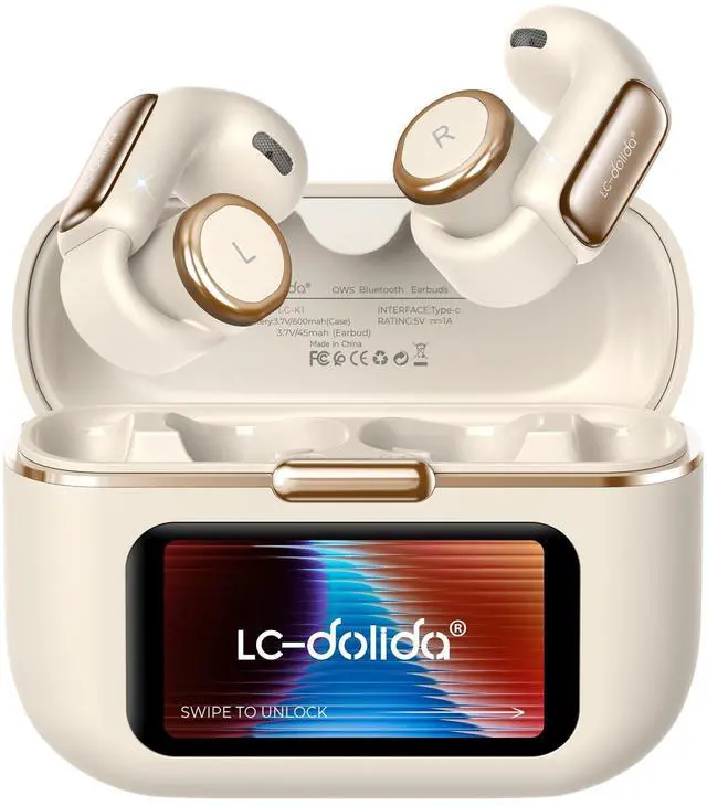 Main image of LC-dolida Open-Ear Wireless Earbuds with Smart LED Display Case, Clip On Earbuds All-Day Comfort & Situational Awareness, Case Control for Volume, EQ, Music, Find My Earbuds & Camera, Timer (Cr