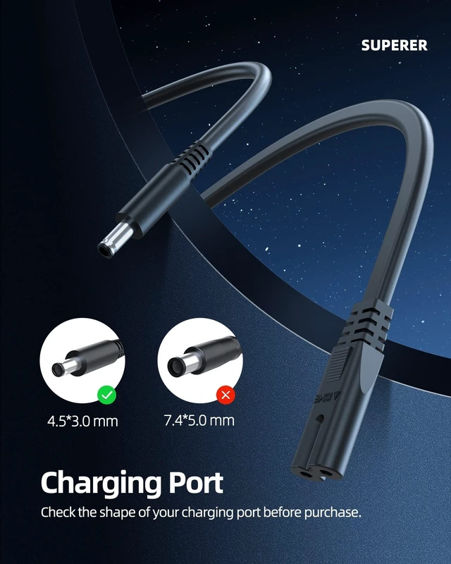 Alt view image 3 of 5 - Superer 65W Charger Fit for Dell 14 15 16 DC15255 DC15250 DC14250/255 DC16250/251/255/256, Pro 14 16 PC14250/255 PC16250/255, Pro 14 15 Essential PV14250/255 PV15250/255 Laptop Supply Adapter Cord