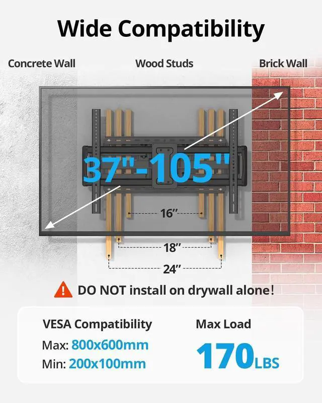 Alt view image 5 of 5 - USX STAR 85 86 98 100 inch Heavy Duty TV Wall Mount for 37-105 inch Large TVs, Pre-Assembled TV Mount with Tool-Free Tilt, Up to 170lbs, VESA 800 x 600mm, 24 Wood Studs