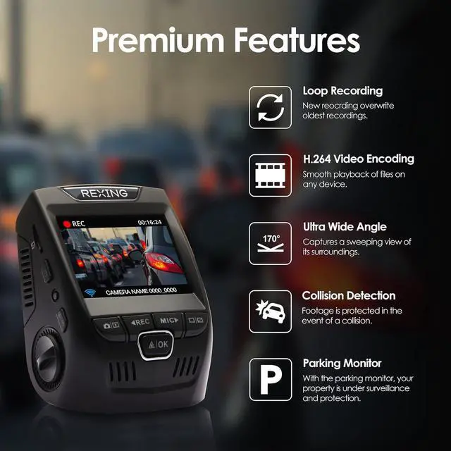 Alt view image 2 of 5 - RexingUSA V1 Basic 1080p Dash Cam FHD DVR Car Driving Recorder with 2.4 LCD Screen 170 Wide Angle ^^ G-Sensor ^^ WDR ^^ Parking Monitor ^^ Loop Recording