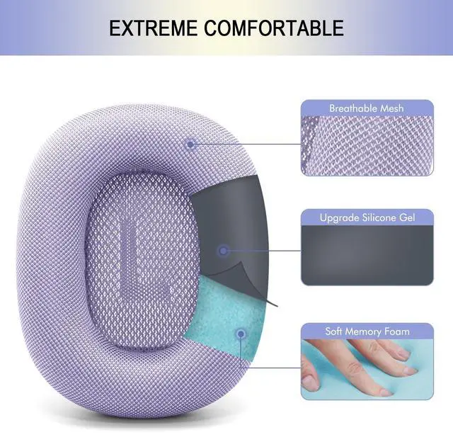 Alt view image 3 of 5 - Upgraded Ear Cushions for Apple AirPods Max, Mesh Fabric Ear Pads Replacement for Air Pods 1 & 2 Over-Ear Headphones with Original Silicone Design (Purple)