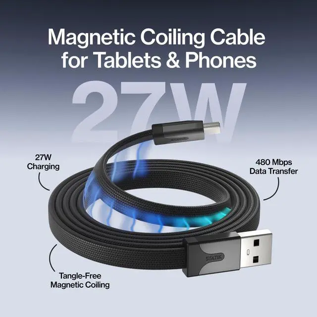 Alt view image 2 of 5 - Statik MagStack Slim - USB to USB C Cable, Magnetic Anti Tangle Flat A to Type C Charger Fast Charging Cord, Magnetic Charging Cable, Compatible with iPhone, iPad & Android, 27W 6FT, 5-Pack