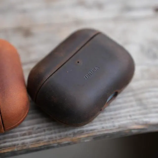 Alt view image 2 of 5 - Handcrafted Crazy Horse Unique Leather Case for AirPods Pro 3rd Gen (2025), Vintage Aesthetic, Two-Tone Effect,Compatible with MagSafe, Compatible with Airpods Pro 3 darkbrown1