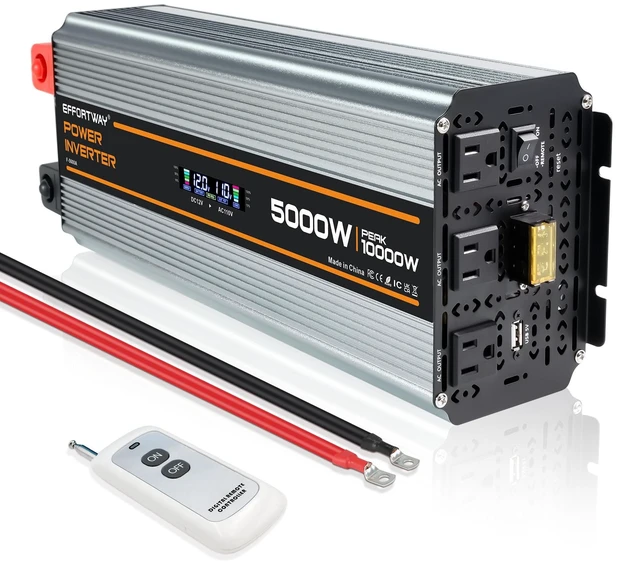 Main image of 5000 watt Power Inverter DC 12V to AC 110V/120V Converter,10000w Peak.Comes with LCD Display,Wireless Controller,3AC outlets,USB,Hardwire Terminal,Suitable for Camping,Off-Grid Solar Inverter S