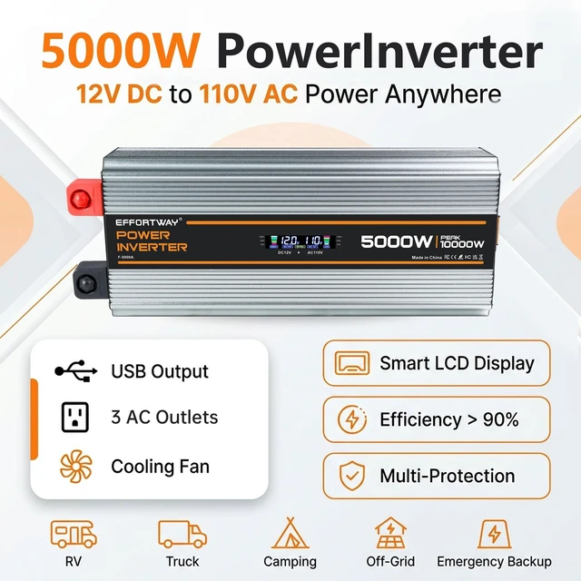 Alt view image 2 of 5 - 5000 watt Power Inverter DC 12V to AC 110V/120V Converter,10000w Peak.Comes with LCD Display,Wireless Controller,3AC outlets,USB,Hardwire Terminal,Suitable for Camping,Off-Grid Solar Inverter S