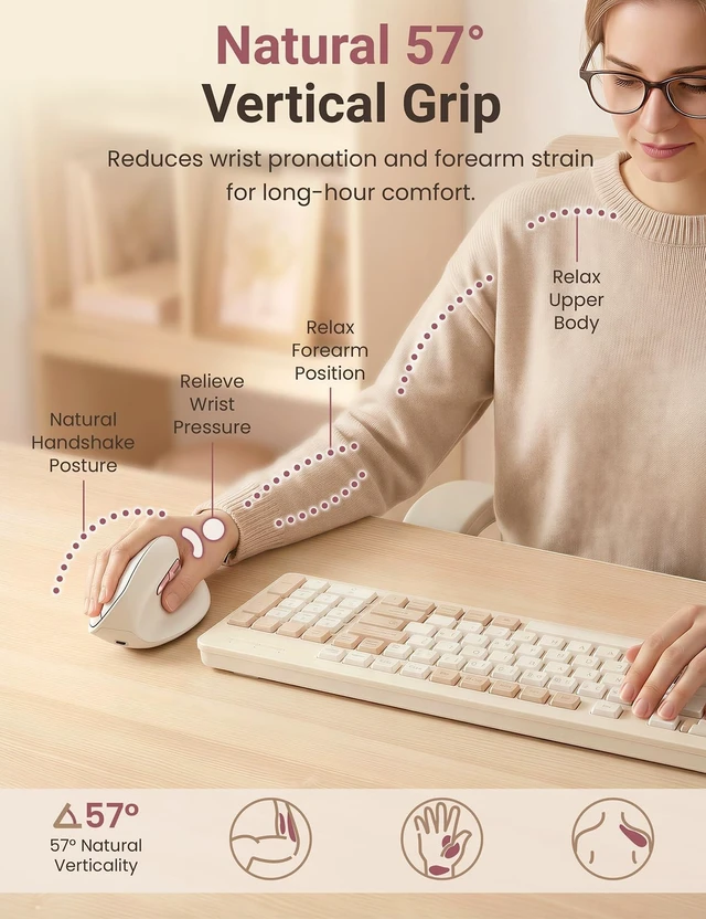 Alt view image 3 of 5 - Luhaso Ergonomic Vertical Wireless Mouse, 57, Small/Medium Hands, Beige