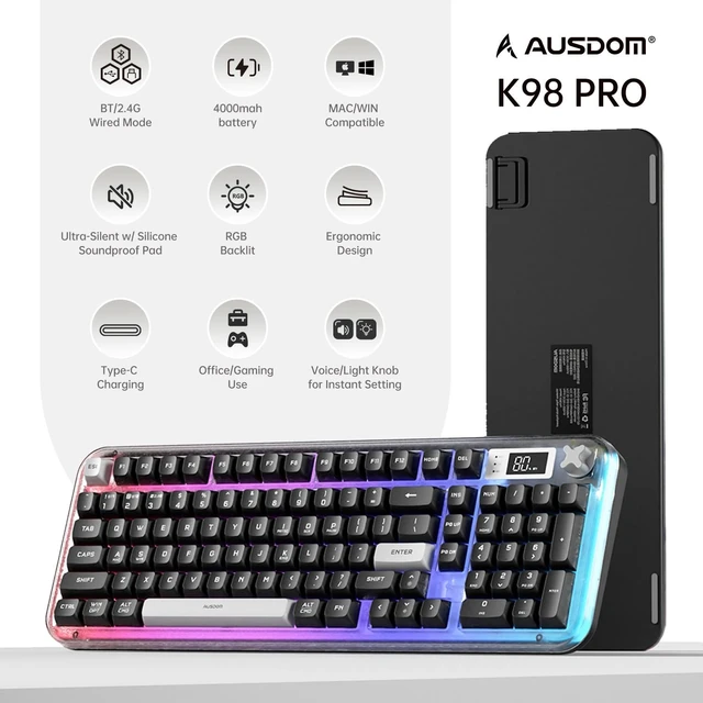 Alt view image 2 of 5 - AUSDOM K98pro Wireless Silent Creamy Keyboard, Tri-Mode BT/2.4G/USB-C Computer Keyboard with Number Pad, RGB Backlit Media Knob Keyboard