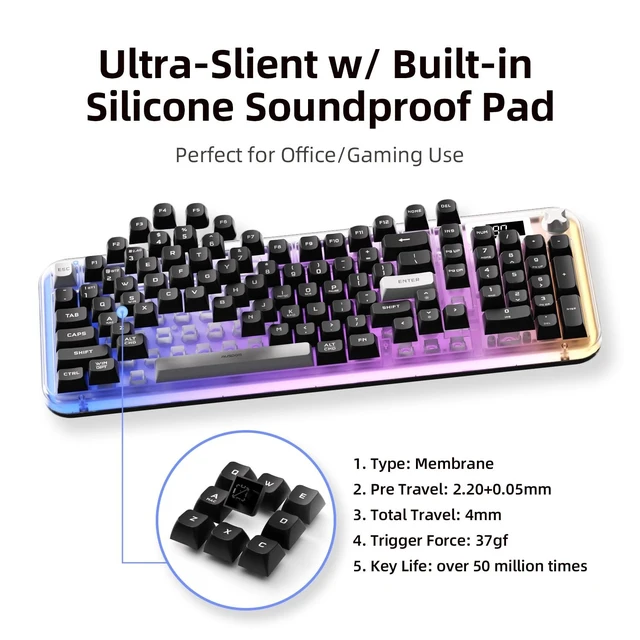 Alt view image 4 of 5 - AUSDOM K98pro Wireless Silent Creamy Keyboard, Tri-Mode BT/2.4G/USB-C Computer Keyboard with Number Pad, RGB Backlit Media Knob Keyboard