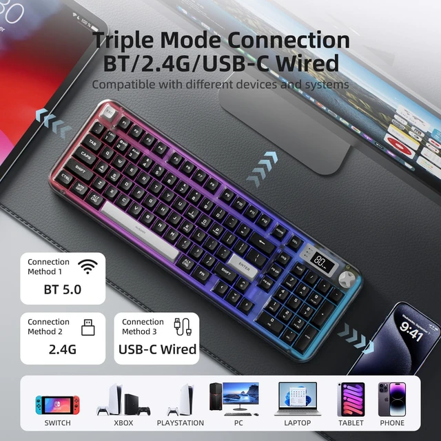 Alt view image 5 of 5 - AUSDOM K98pro Wireless Silent Creamy Keyboard, Tri-Mode BT/2.4G/USB-C Computer Keyboard with Number Pad, RGB Backlit Media Knob Keyboard