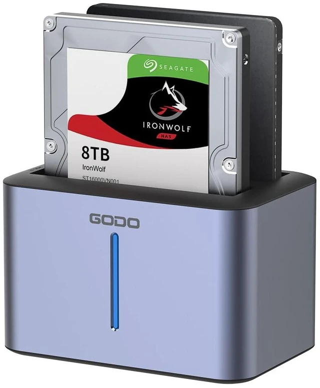 Main image of GODO USB 3.0 to SATA I/II/III RGB Dual-Bay Aluminum External Hard Drive Enclosure, Compatible with 2.5-inch SATA HDDs and SSDs, Supports up to 28TB Drives