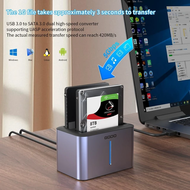 Alt view image 2 of 5 - GODO USB 3.0 to SATA I/II/III RGB Dual-Bay Aluminum External Hard Drive Enclosure, Compatible with 2.5-inch SATA HDDs and SSDs, Supports up to 28TB Drives