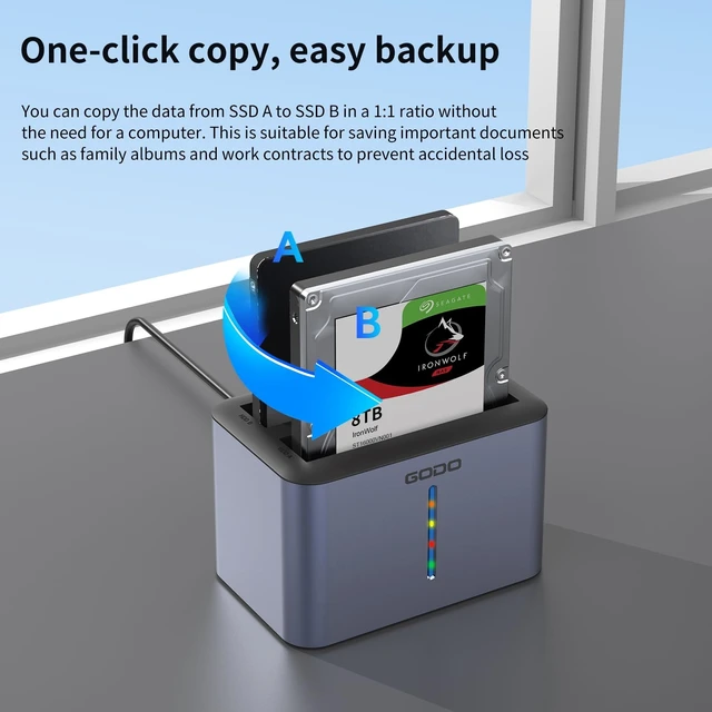 Alt view image 5 of 5 - GODO USB 3.0 to SATA I/II/III RGB Dual-Bay Aluminum External Hard Drive Enclosure, Compatible with 2.5-inch SATA HDDs and SSDs, Supports up to 28TB Drives