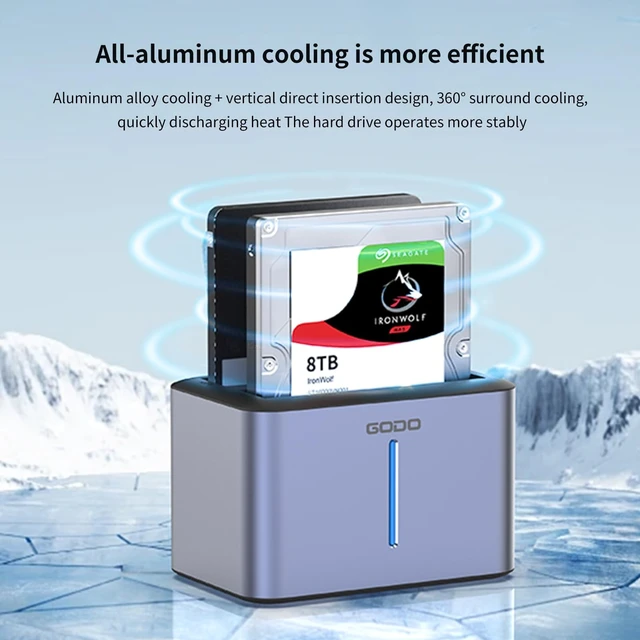 Alt view image 3 of 5 - GODO USB 3.0 to SATA I/II/III RGB Dual-Bay Aluminum External Hard Drive Enclosure, Compatible with 2.5-inch SATA HDDs and SSDs, Supports up to 28TB Drives