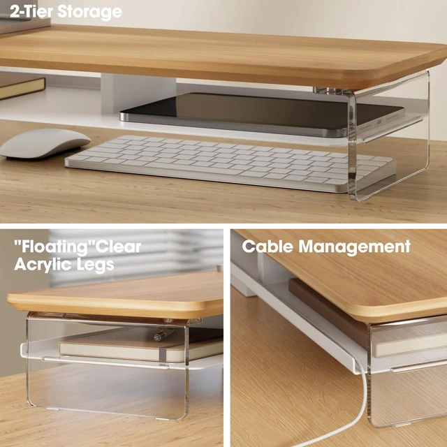 Alt view image 3 of 5 - Fenge 42.5" Dual Monitor Stand with Clear Acrylic Legs, Dark Oak