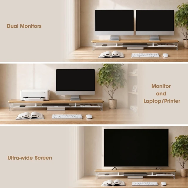 Alt view image 4 of 5 - Fenge 42.5" Dual Monitor Stand with Clear Acrylic Legs, Dark Oak