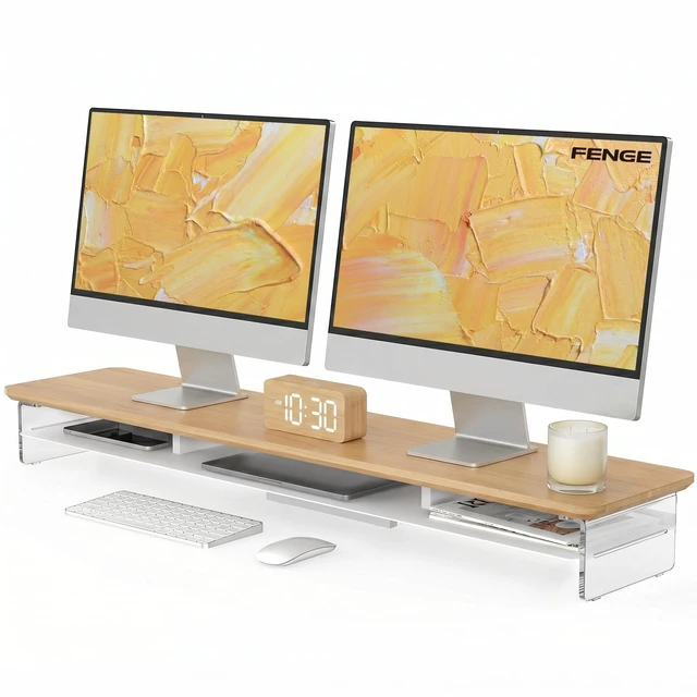 Main image of Fenge 42.5" Dual Monitor Stand with Clear Acrylic Legs, Dark Oak