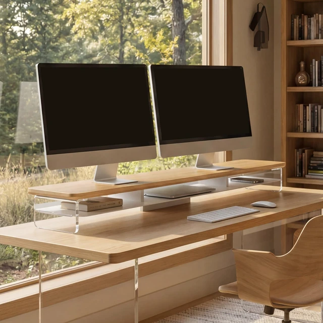 Alt view image 2 of 5 - Fenge 42.5" Dual Monitor Stand with Clear Acrylic Legs, Dark Oak