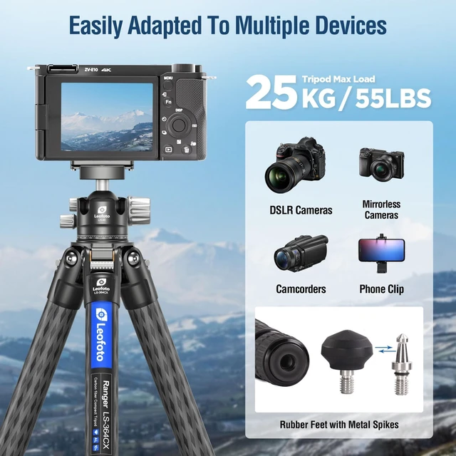 Alt view image 5 of 5 - LEOFOTO 58" Carbon Fiber Tripod, Lightweight Travel Compact Tripod for Mirrorless Camera, DSLR, 4-Sections with Max Tube Dia 36mm, Load Up to 55lbs/25kg (LS-364CX)