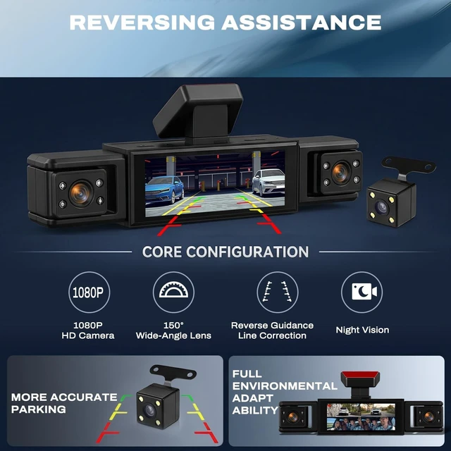 Alt view image 5 of 5 - 360 Degree View 4 Channel Dash Cam 1080 P Front and Rear Inside, Left and Right Dash Camera for Cars, 3.16 Inch Night Vision, Loop Recording, Exposure Compensation, Reversing Assistance