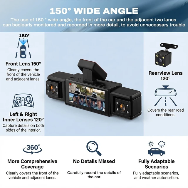 Alt view image 4 of 5 - 360 Degree View 4 Channel Dash Cam 1080 P Front and Rear Inside, Left and Right Dash Camera for Cars, 3.16 Inch Night Vision, Loop Recording, Exposure Compensation, Reversing Assistance