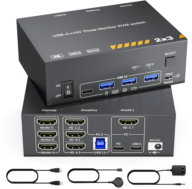 Main image of HDMI KVM Switch 3 Monitors for 1 Laptop 1 Desktop, USB 3.0 KVM Switch 3 Monitor 2 Computer MST USB C HDMI KVM 4K@60Hz,PD 87W, Power Adapter, Wired Remote(4K USB C HDMI 2 in 3 Out KVM)