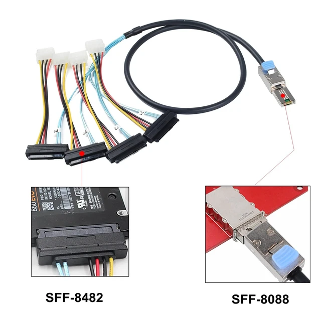 Alt view image 2 of 5 - Heretom Mini-SAS SFF-8088 26P to 4 X SAS SFF-8482 29 Pin with Power Cable