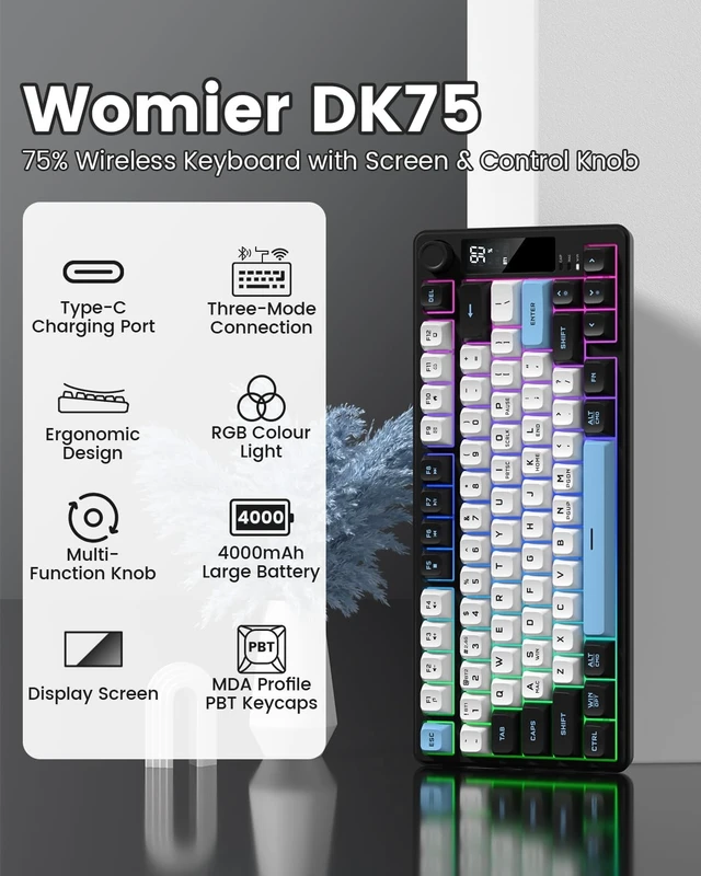 Alt view image 2 of 5 - Klymra DK75 75% Wireless Gaming Keyboard, Creamy Computer Keyboards, Black