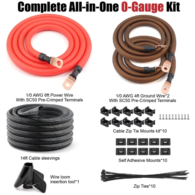 Alt view image 2 of 5 - 0 Gauge Big 3 Upgrade Kit,CCA Power Cable Pre-Crimped Lugs for Car Audio