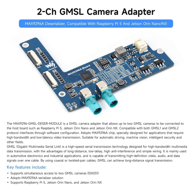 Alt view image 3 of 5 - waveshare 2-Ch GMSL Camera Adapter Board, Equipped with MAX9296A Deserializer, High-Speed and Low-Latency Serial Transmission, Compatible with Raspberry Pi 5 and Jetson Orin Nano/NX