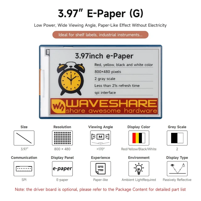 Alt view image 3 of 5 - Waveshare 3.97inch E-Paper Display HAT+, E-Ink Display, 800 480 Pixels, Red/Yellow/Black/White, SPI Interface, Standard Raspberry Pi 40PIN GPIO Header, with Driver Board