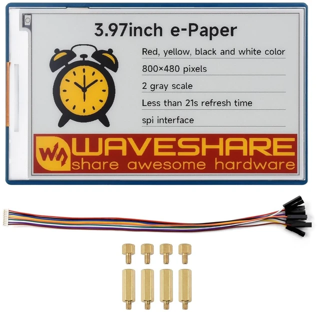 Main image of Waveshare 3.97inch E-Paper Display HAT+, E-Ink Display, 800 480 Pixels, Red/Yellow/Black/White, SPI Interface, Standard Raspberry Pi 40PIN GPIO Header, with Driver Board