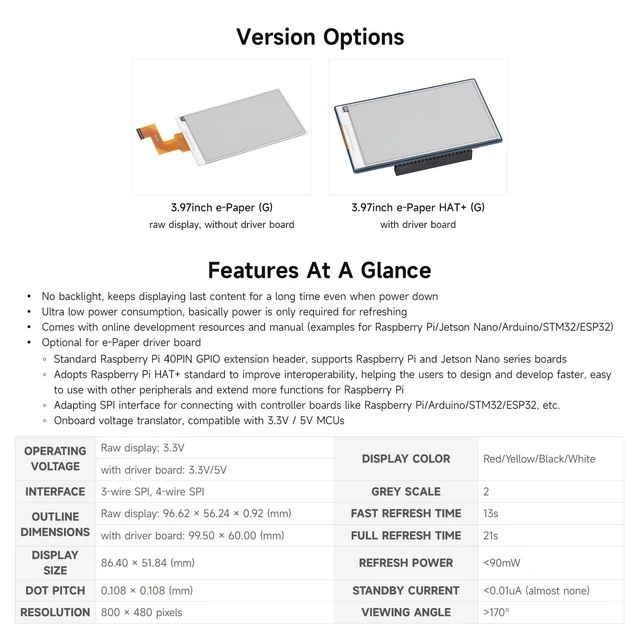 Alt view image 4 of 5 - Waveshare 3.97inch E-Paper Display HAT+, E-Ink Display, 800 480 Pixels, Red/Yellow/Black/White, SPI Interface, Standard Raspberry Pi 40PIN GPIO Header, with Driver Board