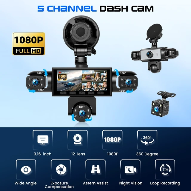Alt view image 2 of 5 - 5 Channel 360 Dash Cam Front Rear, 1080P Car DVR Dashboard Camera