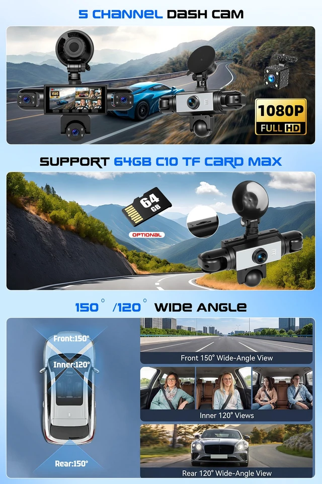 Alt view image 3 of 5 - 5 Channel 360 Dash Cam Front Rear, 1080P Car DVR Dashboard Camera