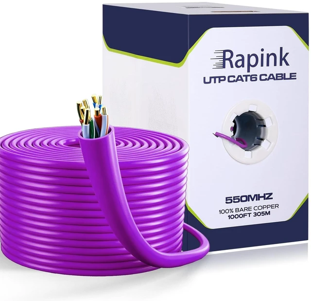 Main image of Rapink Cat6 Ethernet Cable 1000ft, Cat6 ethernet Cable 23AWG Solid Bare Copper 10G Support, UTP cat6 Cable 550MHZ, cat 6 Cable 1000ft POE Support Purple