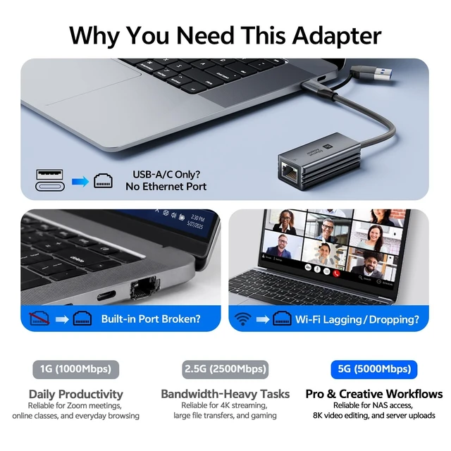 Alt view image 2 of 5 - USB C to RJ45 Ethernet Adapter 5Gbps Plug & Play Network Adapter