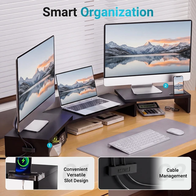 Alt view image 5 of 5 - BONTEC Triple Monitor Stand Riser with Smartphone Holder, Black