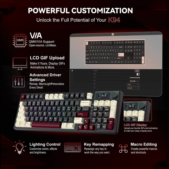 Alt view image 4 of 5 - KEMOVE K94 Wireless Mechanical Keyboard, QMK/VIA, LCD Screen & Metal Knob