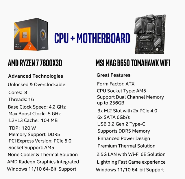 Alt view image 2 of 5 - INLAND Micro Center AMD Ryzen 7 7800X3D 8-Core16-Thread Desktop Processor with MSI MAG B650 Tomahawk WiFi AM5 DDR5 Gaming Motherboard