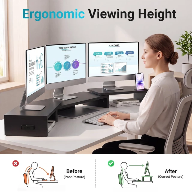 Alt view image 2 of 5 - BONTEC Triple Monitor Stand Riser with Smartphone Holder, Black