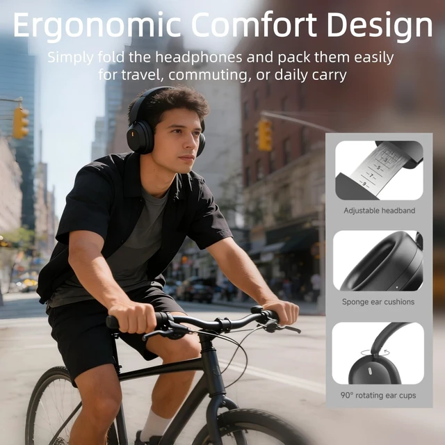 Alt view image 5 of 5 - UPGRADE Noise Cancelling Headphones Wireless Bluetooth Over-Ear Headphones Booming Bass Memory Foam Ear Cups for Commuting Office Travel Home Phone PC - Comfortable and Foldable Design- Black