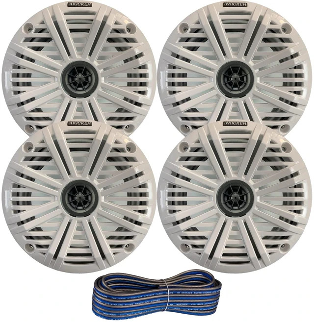 Main image of 2 Pair (Qty 4) of Kicker 6.5" 2-Way 195 Watts Max Power Coaxial Marine Audio Speakers with White Salt Water Grilles, 50-Feet 16-Gauge Speaker Wire