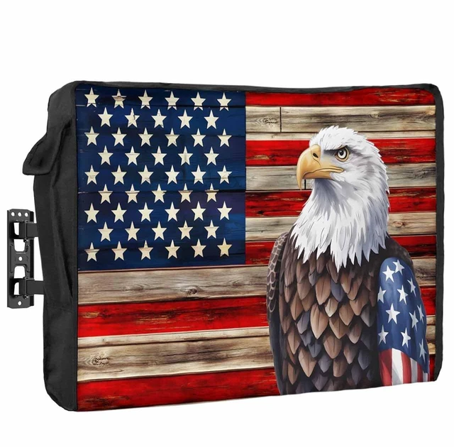 Main image of DecorLovee American Flag Outdoor TV Cover 52 to 55 Inches Weatherproof & Waterproof, Vintage Blue Red USA Flag Outdoor TV Enclosure with Remote Control Pocket, Eagle TV Screen Protectors for TV