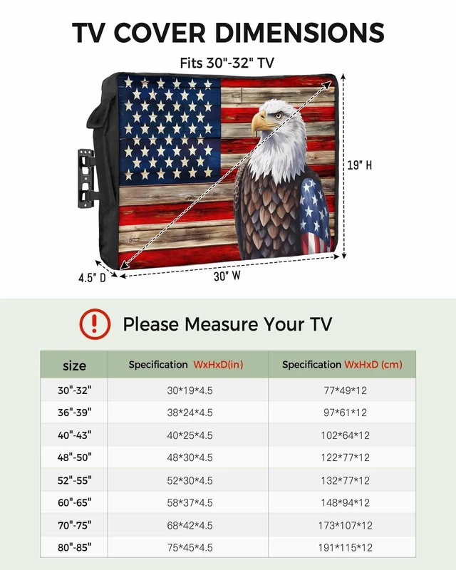 Alt view image 2 of 5 - DecorLovee American Flag Outdoor TV Cover 52 to 55 Inches Weatherproof & Waterproof, Vintage Blue Red USA Flag Outdoor TV Enclosure with Remote Control Pocket, Eagle TV Screen Protectors for TV