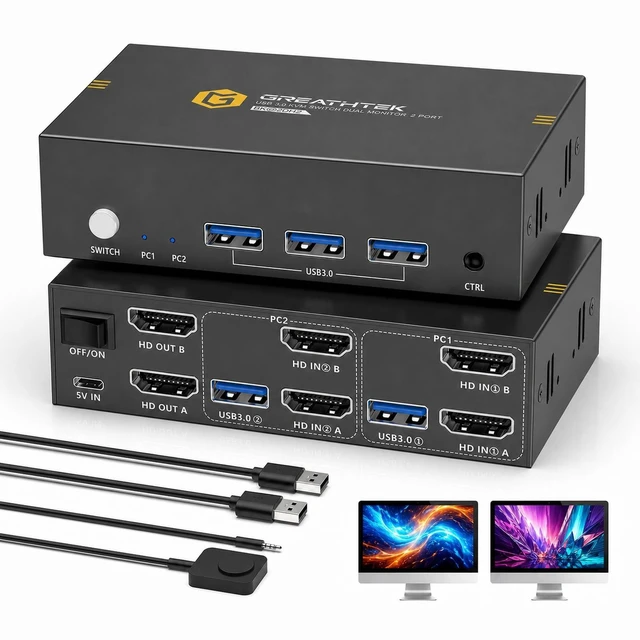 Main image of GREATHTEK 8K@60Hz HDMI KVM Switch 2 Monitors 2 Computers