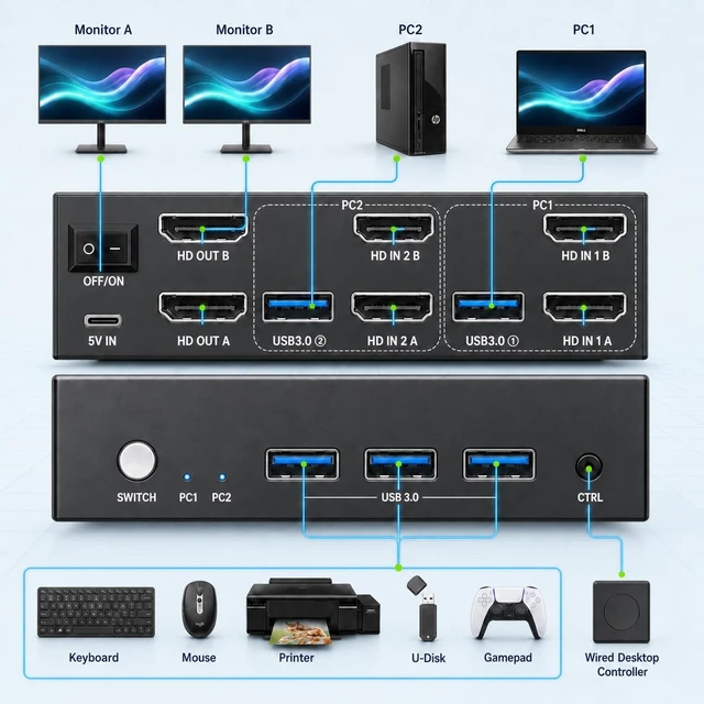 Alt view image 4 of 5 - GREATHTEK 8K@60Hz HDMI KVM Switch 2 Monitors 2 Computers