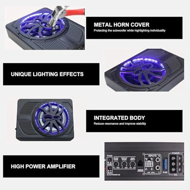 Alt view image 4 of 5 - KIMISS Slim Underseat Powered Car Subwoofer 10in 800W LED Atmosphere Light Excellent Heat Dissipation Performance for Car Truck Blue (Colourful Ambient Light with App Control)