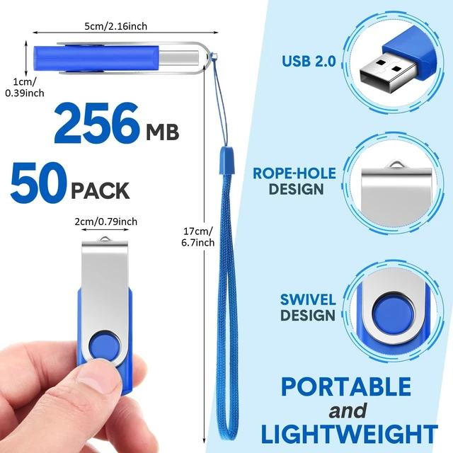 Alt view image 3 of 5 - Outus 50 Pack USB 2.0 Flash Drives Bulk, Blue Swivel with Lanyards,256 MB